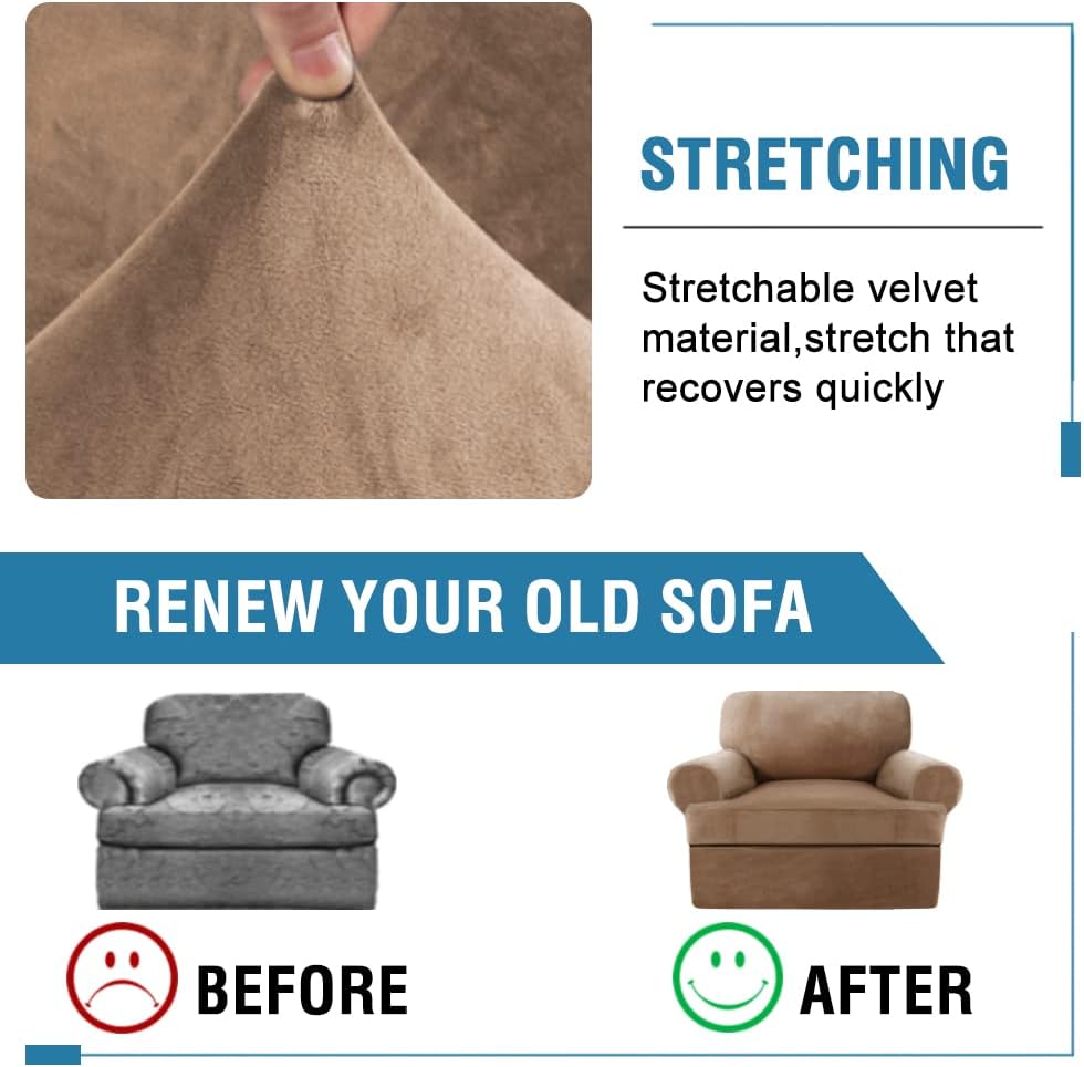 H.VERSAILTEX Sofa Cover 2 Piece T Cushion Armchair Slipcovers Thick Velvet Couch Cover Furniture Protector Stretch T Cushion Sofa Covers for 1 Cushion Couch with 1 Individual T Cushion Covers, Camel