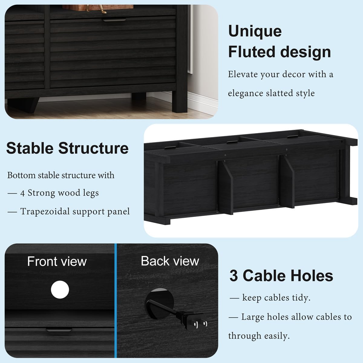 BON AUGURE Black TV Stand, Modern Entertainment Center with Storage Drawers for 65 55 50 in TVs, Wood Fluted Television Media Console Cabinet for Living Room, Bedroom (Black Oak)