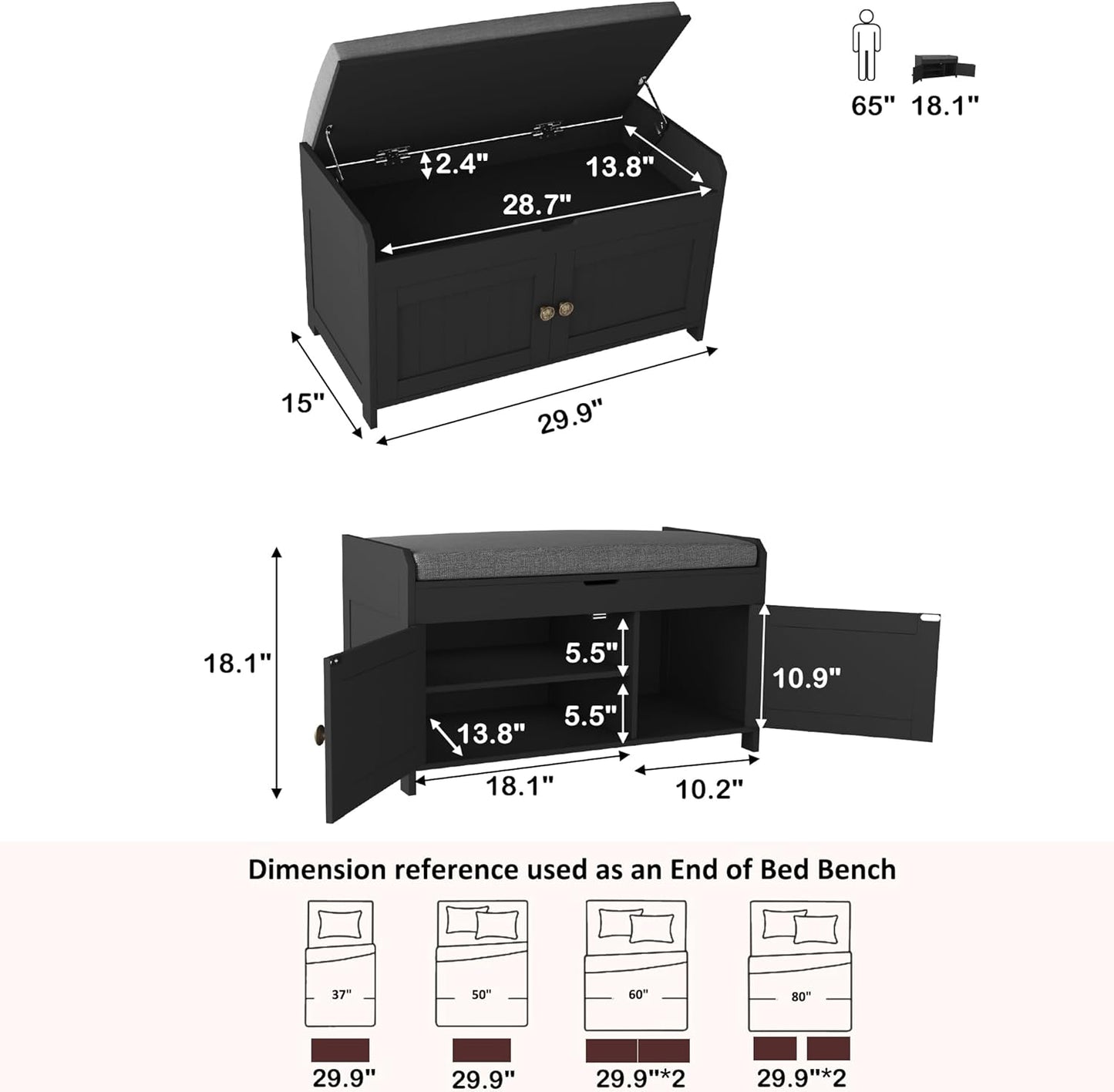 HOMEFORT 30" Shoe Bench with Lift Top Storage, Entryway Bench with Cushioned Seat, Wooden End of Bed Bench, Shoe Cabinet Bench with Hidden Storage Space, for Bedroom, Hallway,Black