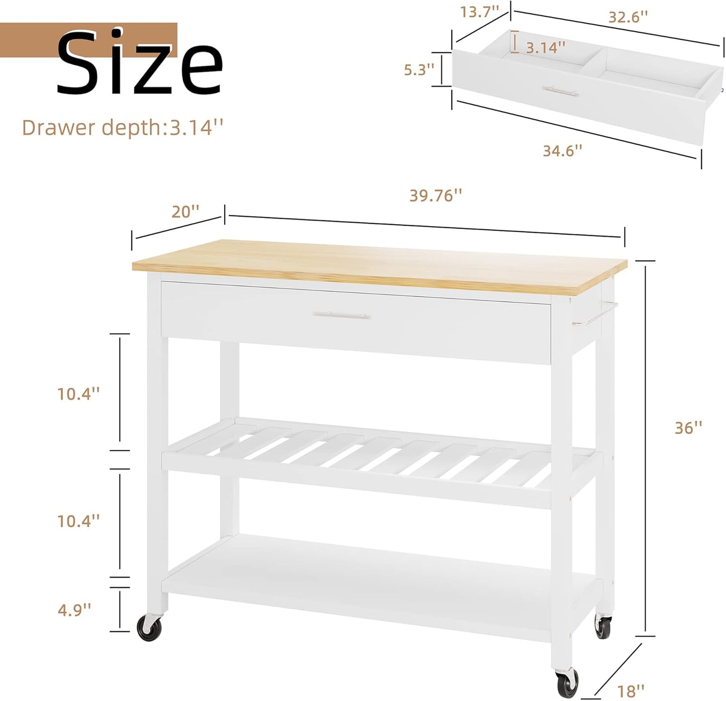 Shintenchi Kitchen Island Cart with Storage,Rolling Kitchen Island Side Table on Wheels with Large Worktop,Storage Cabinet,Towel Rack,Drawers and Open Shelves for Kitchen,Dinning Room,White