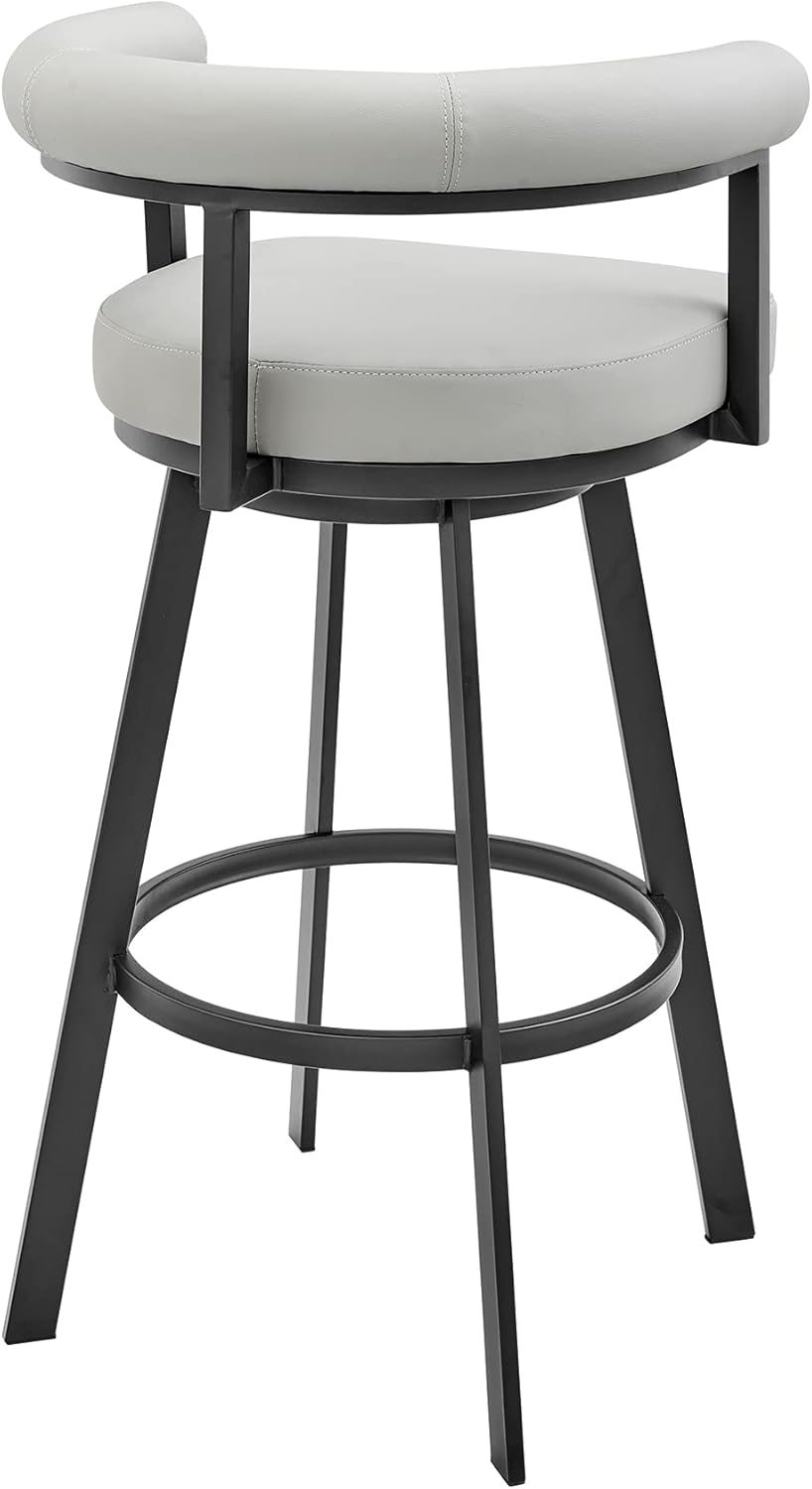 Armen Living Magnolia Swivel Bar Stool in Black Metal with Light Grey Faux Leather