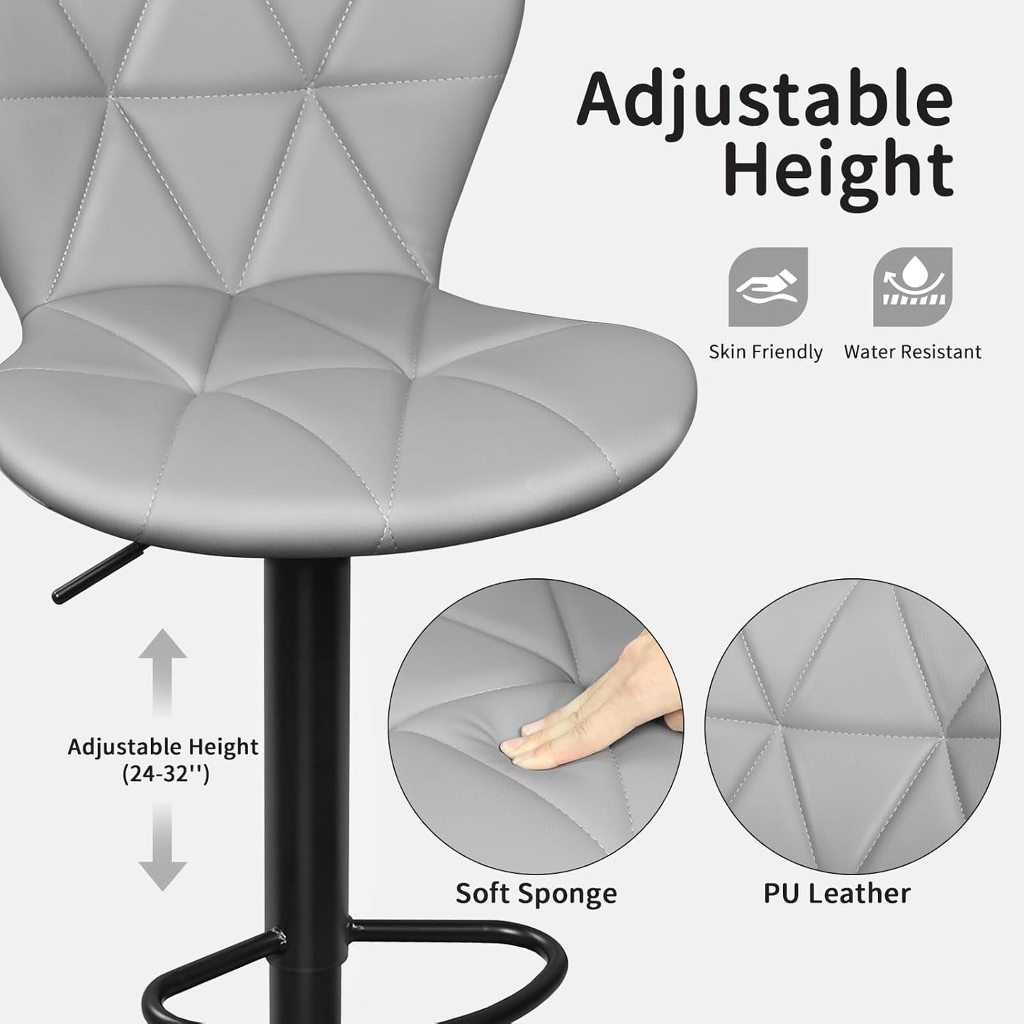 Bar Stools Set of 2, Adjustable Swivel Bar Chairs with Shell Back, PU Leather Counter Height Bar Stools for Kitchen lsland, Light Grey