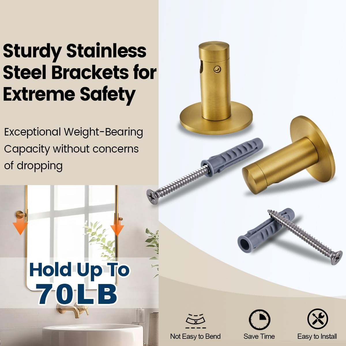 MOON MIRROR 24" x 36" Brushed Gold Metal Framed Pivot Rectangle Bathroom Mirror for Wall, Tilting Rounded Corner Rectangular Vanity Mirror Hangs Vertical Only