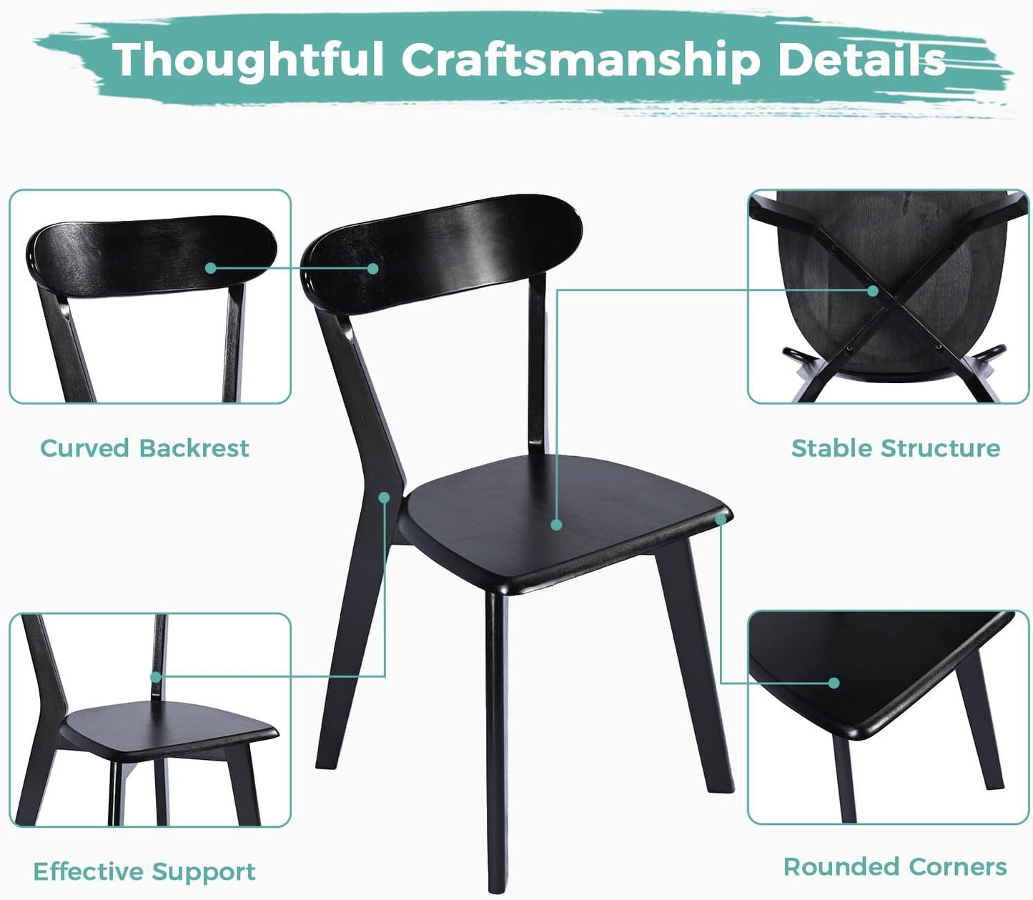 Solid Wood Dining Chairs Set of 2, Mid Century Modern Dining Room Chairs with Curved Backrest, Wooden Armless Kitchen Chairs for Dining Room, Space Saving, Black