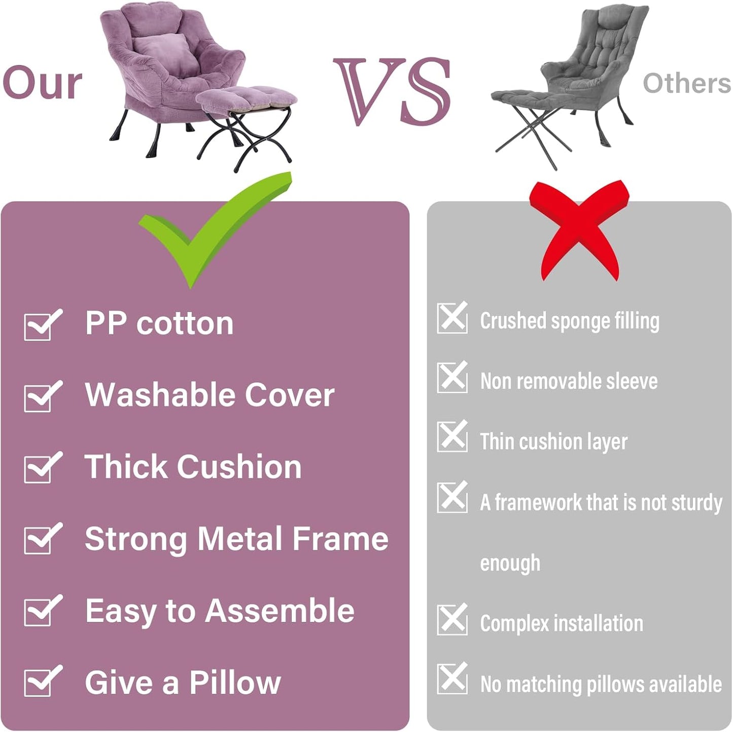 Lazy Chair with Ottoman, Reading Chair with a Pillow, Leisure Sofa Armchair with Ottoman, Large Accent Lounge Chair for Bedroom, Living Room, Dorm Room, Plush Purple