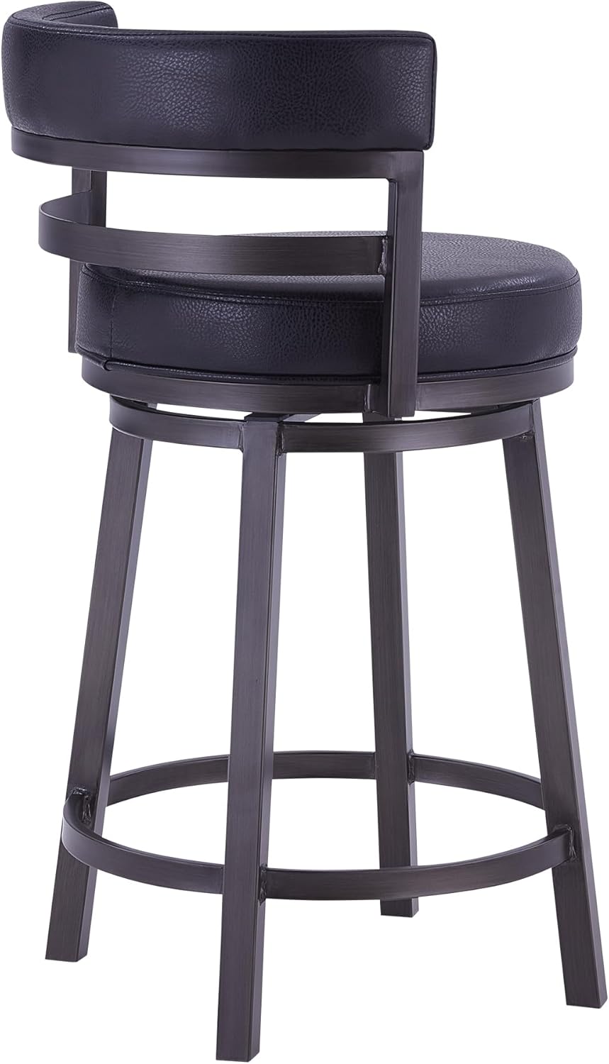 Armen Living Madrid 26" Counter Height Swivel Barstool in Ford Black Faux Leather and Mineral Finish