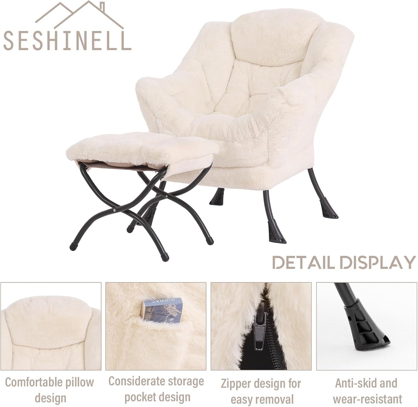 Lazy Chair with Ottoman, Modern Accent Chair Lounge Leisure Sofa Chair with Armrests, Reading Chair and Folding Footstool for Living Room, Bedroom, Office, Plush Beige