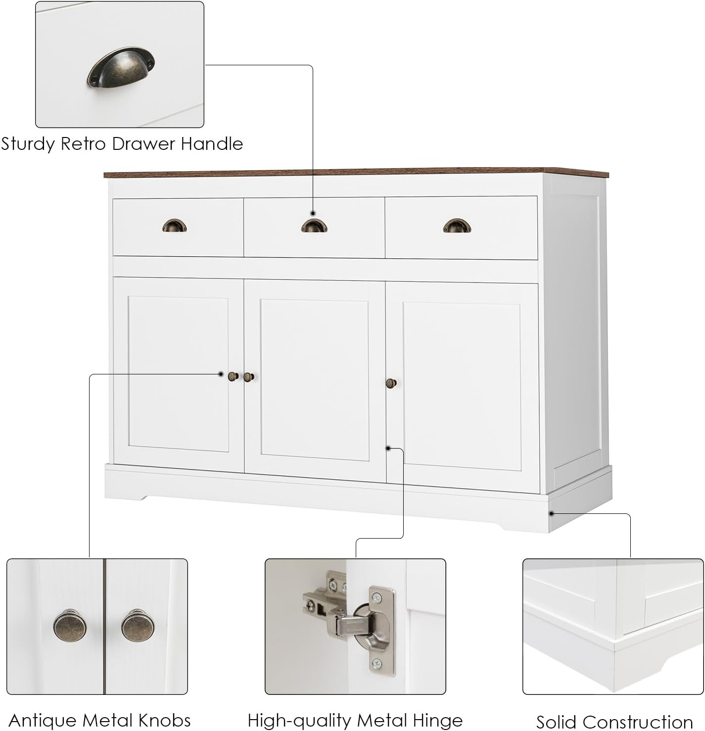 Keyluv White Buffet Cabinet Storage Sideboard Farmhouse Server Bar Wine Cabinet with 3 Drawers & 3 Doors Adjustable Shelves Console Table for Dining Living Room Kitchen Cupboard