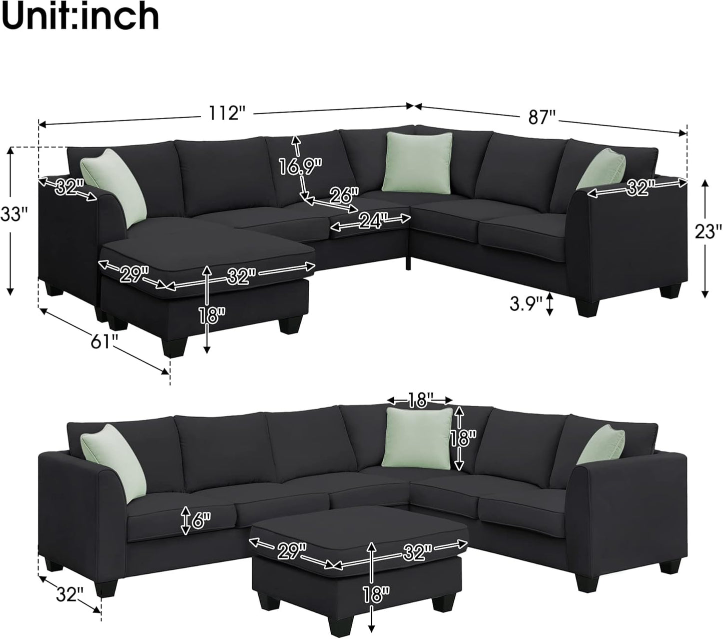 112" Upholstered Sectional Sofa Sets with Removable Ottoman, 7- Seater Modular Corner Couch with 3 Pillows for Livingroom, Office,Black