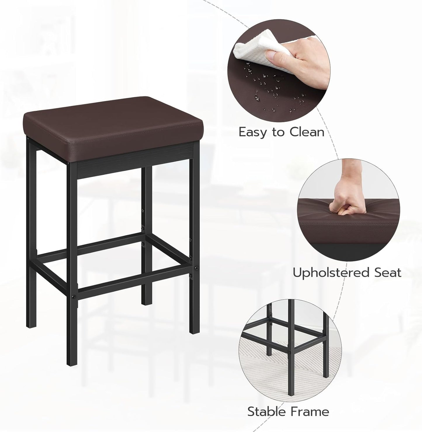 HOOBRO Bar Stools, Set of 2 Barstools, 24.8-Inch Height Stools, Breakfast Barstools, Kitchen Bar Chairs, 2" Thick Upholstery, for Kitchen, Dining Room, Cafe, Bar Counter, Brown and Black BC21BY01