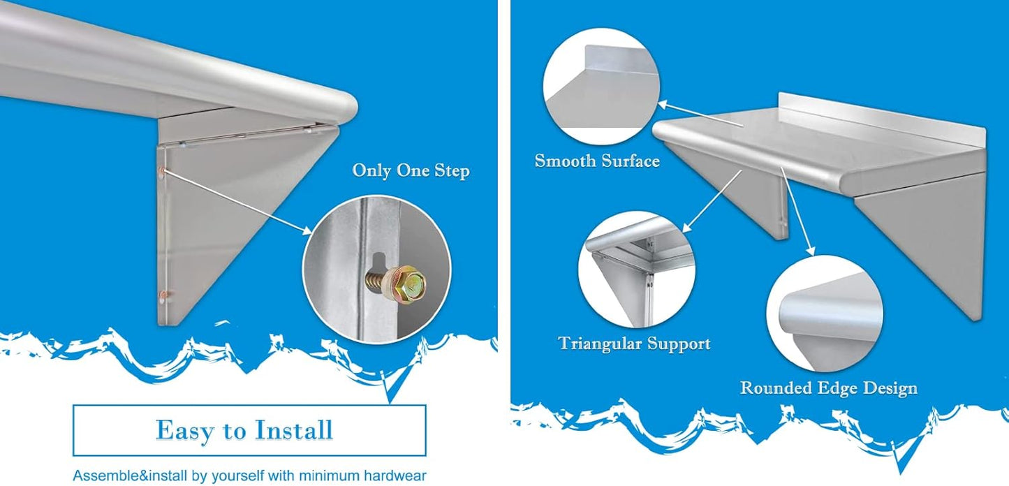 12''x24'' - 2PACKS Wall Mounted Stainless Steel Shelf NSF Commercial Metal Wall Mount Floating Shelving for Kitchen, Restaurant, Food Truck,Garage,Home&Hotel