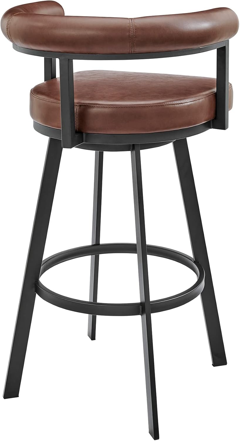 Armen Living Magnolia Swivel Counter Stool in Black Metal with Brown Faux Leather