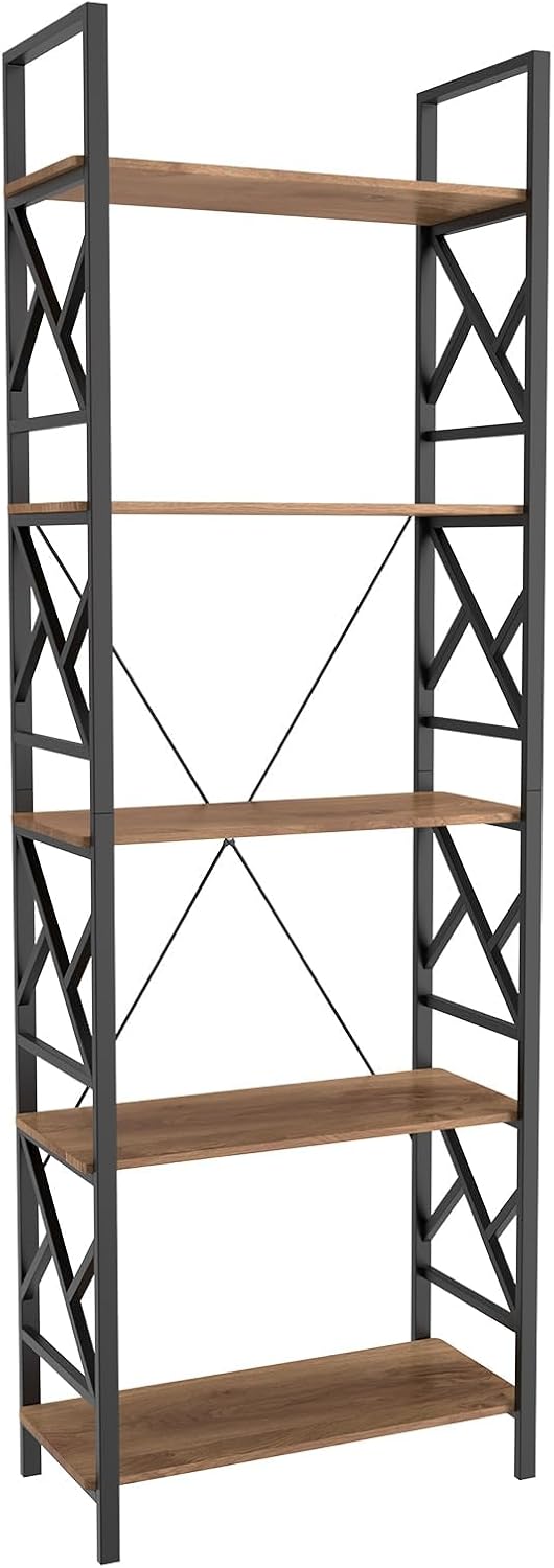 72"H 5-Tier Bookshelf: MDF Wood & Steel Shelves with 500lbs,Tall Narrow Adjustable-Shelf Bookcase.Bookshelves Storage Organizer, Industrial Display Standing Shelf Unit for Living Room/bedroom/Office