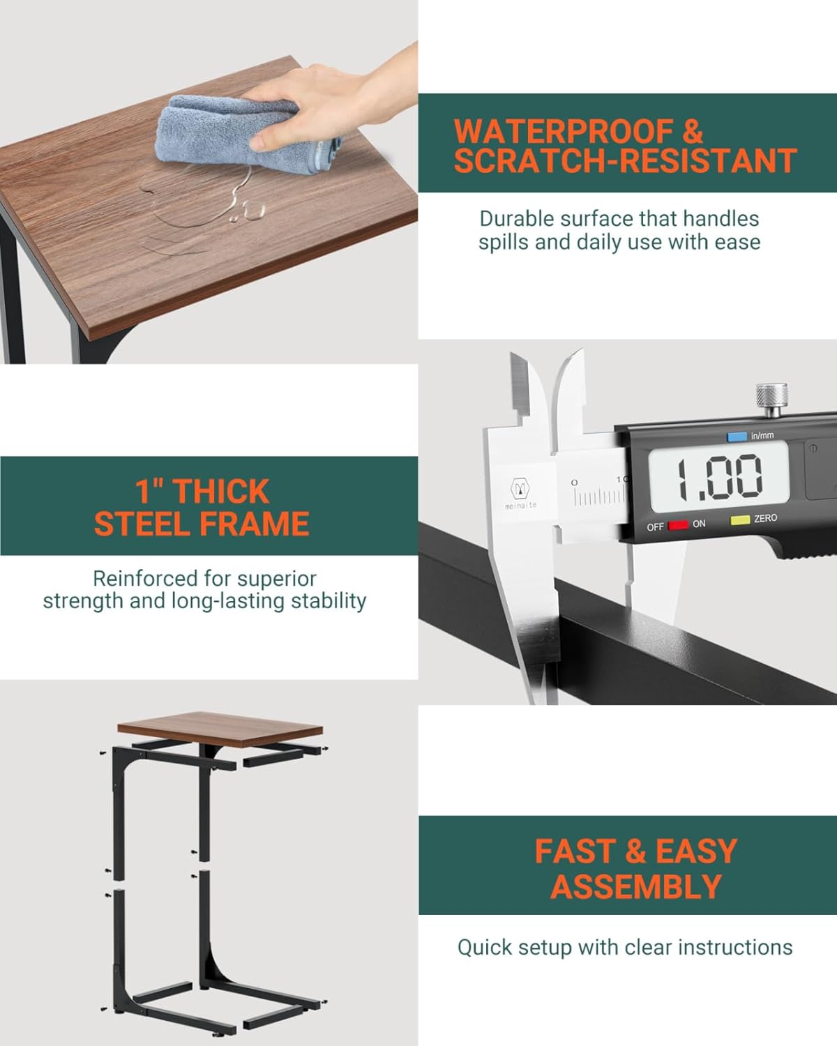 C-Shaped Side Table for Couch - Small Coffee Stand Sofa Tray Desk with Metal Frame and Waterproof Scratch Resistant, Modern End Accent for Living Room, Bedroom, Small Spaces, Rustic Walnut