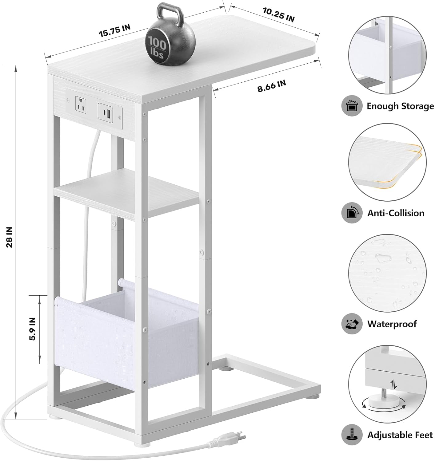 C Shaped End Table with Charging Station, Small Side Table for Couch Recliner, Slide Under Sofa Desk Snack Tables with Storage Bag & AC / USB Outlet, Small Spaces Drink Tables for Living Room, Bedroom