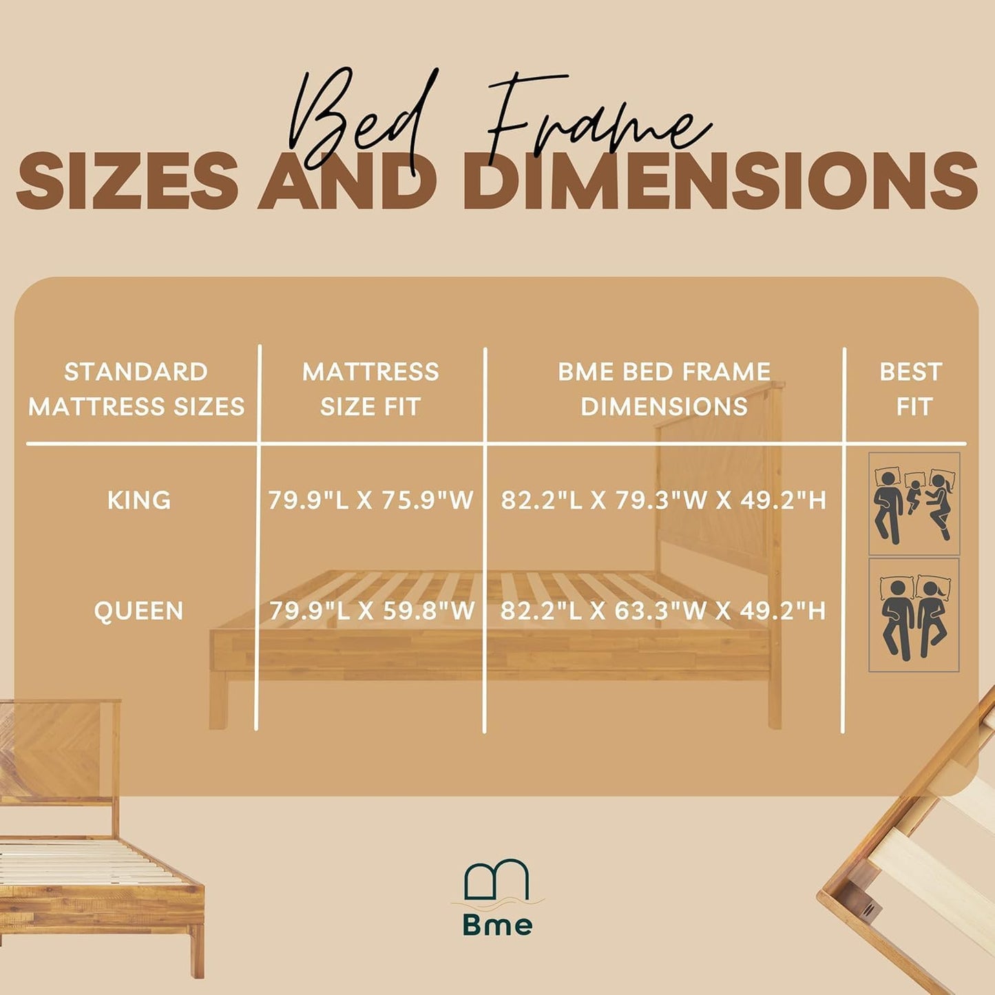 Bme Vivian 14 Inch Deluxe Bed Frame with Headboard, Rustic & Scandinavian Style with Solid Acacia Wood, No Box Spring Needed, 12 Strong Wood Slat Support, Easy Assembly, King, Rustic Golden Brown