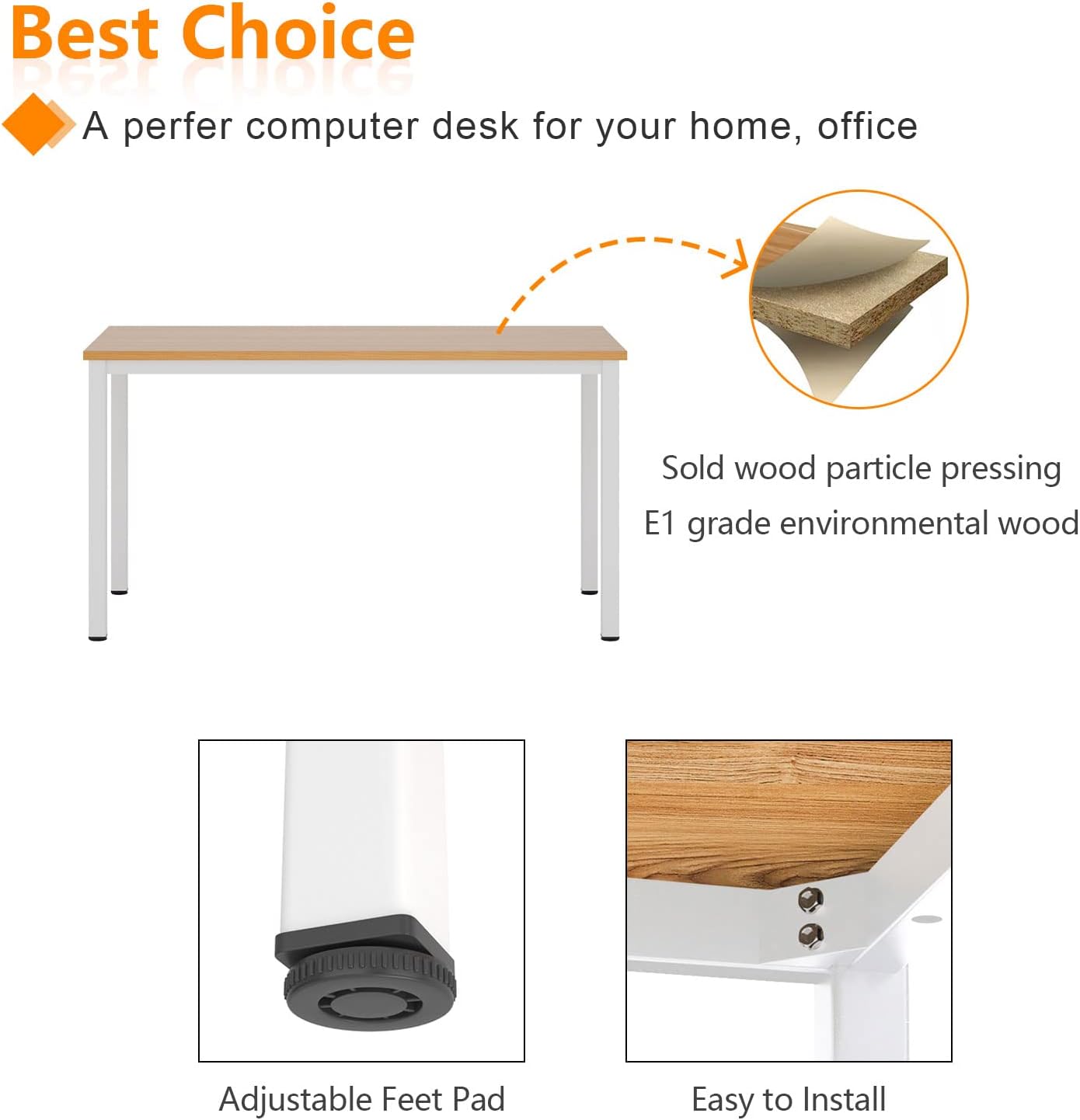 Need Computer Desk, 47 inch Home Office Desk, Modern Simple Style Home Office Gaming Desk, Basic Writing Table for Study Student, White Metal Frame, Teak