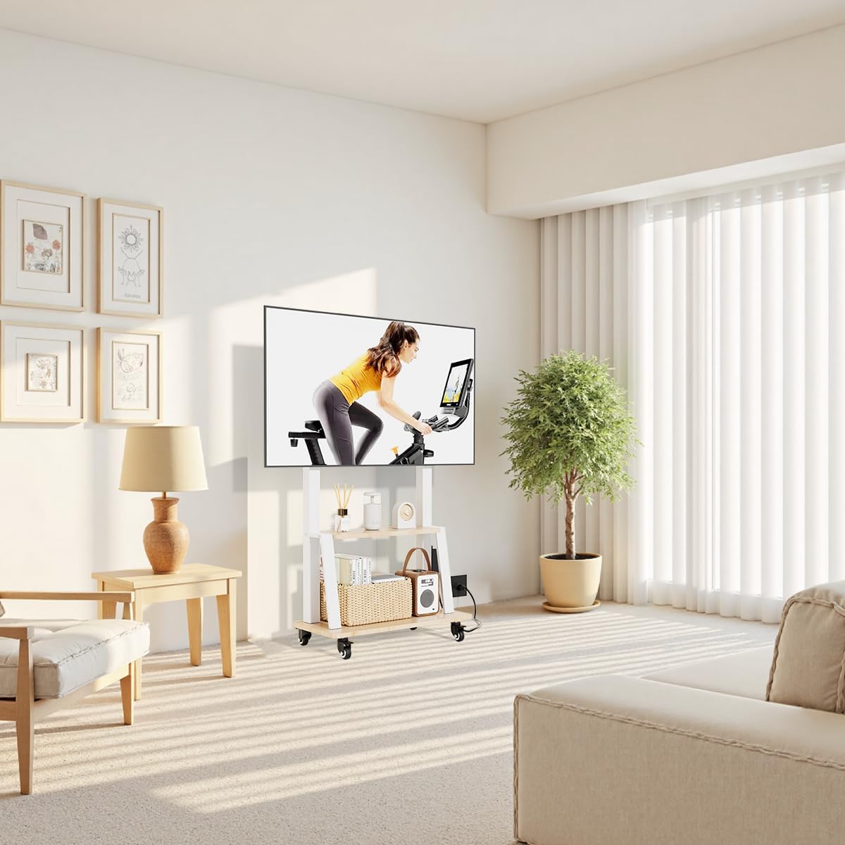 Mobile TV Stand with Power Outlet, Wood Shelf Portable TV Stand on Wheels for 32 to 55 65 70 75 inch Television, Height Adjustable White TV Cart, Holds up to 130LBS, Vesa 600×400mm.