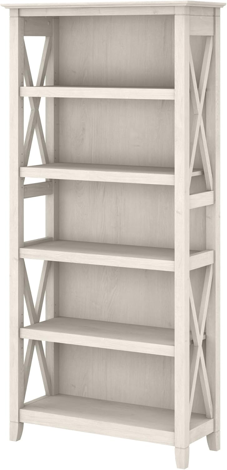 Bush Furniture Tall 5 Shelf Bookcase for Living Room or Home Office, Large Bookshelf, Modern Farmhouse Style, Key West Collection, Linen White Oak