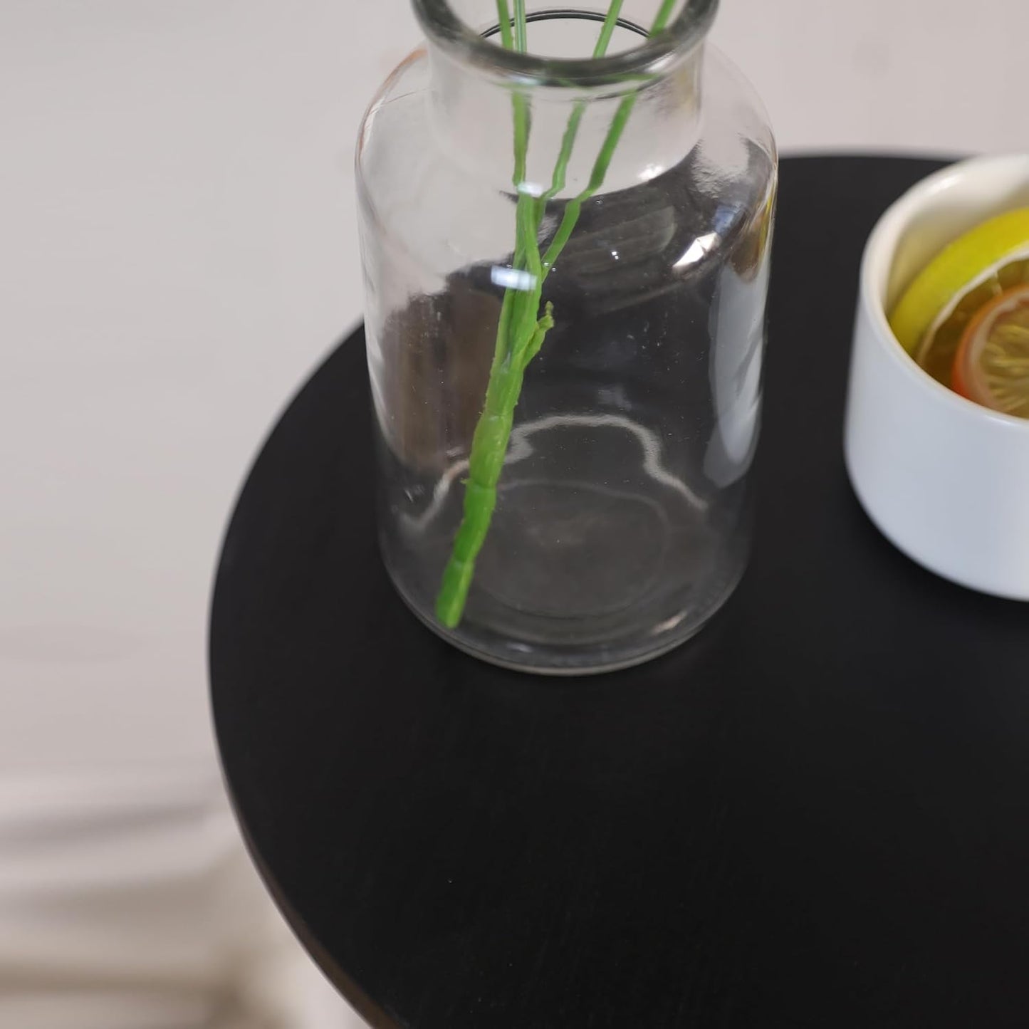 Round Wooden Side Table with Stacked Ball Pedestal Base, Accent Nightstand for Living Room, Bedroom, Corners (Black)