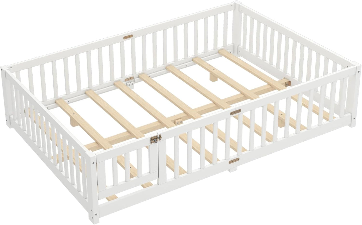 Queen Size Floor Bed Frame with Slats and Safety Guardrail, Wood Queen Size Montessori Floor Bed with Door and Fence, Easy Assemble Montessori Beds for Kids, Girls, Boys, White
