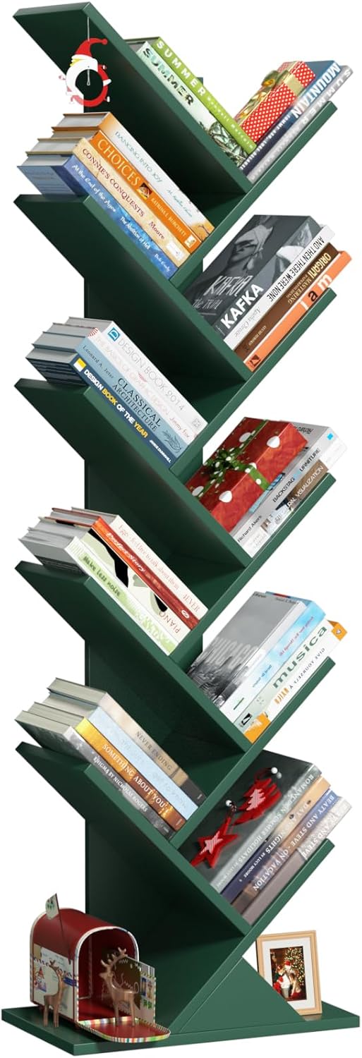 10 Tier Tree Book Shelf, Floor Standing Wood Bookshelf for Narrow Space, Storage Organizer Bookshelves for Books/CDs/Magazine, Bookcase with Shelves for Home Office, Living Room