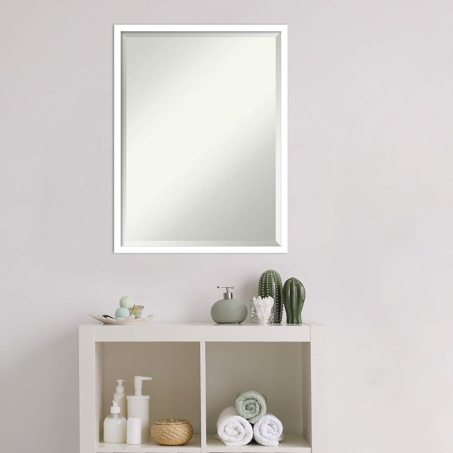 Amanti Art White Bathroom Mirror for Over Sink, 26x20 Svelte White Rectangle Vanity Mirror, Medium Modern Contemporary Wood Frame, Hangs Horizonally and Vertically, Bathroom Wall Decor, Beveled Edge