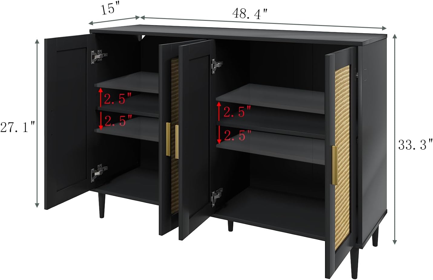 Buffet Sideboard,Kitchen Storage Cabinet with 4 Rattan Decorated Doors,Coffee Bar Cabinet with Adjustable Shelves for Living Room,Hallway,Black