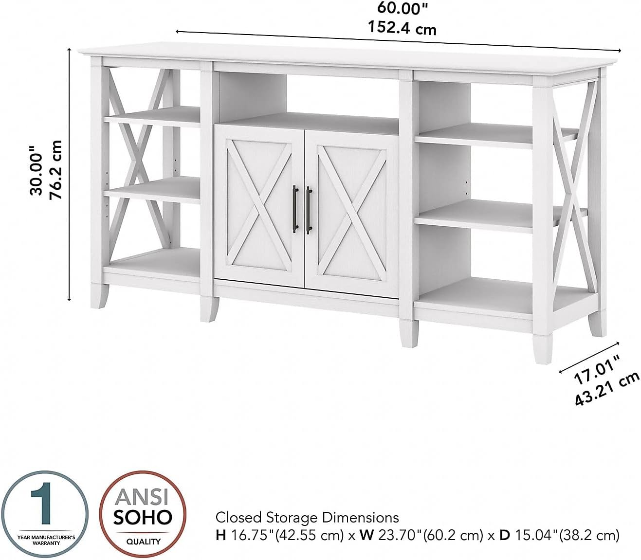 Bush Furniture Key West Tall TV Stand for 65 Inch TV in Pure White Oak, Farmhouse Entertainment Center with Storage