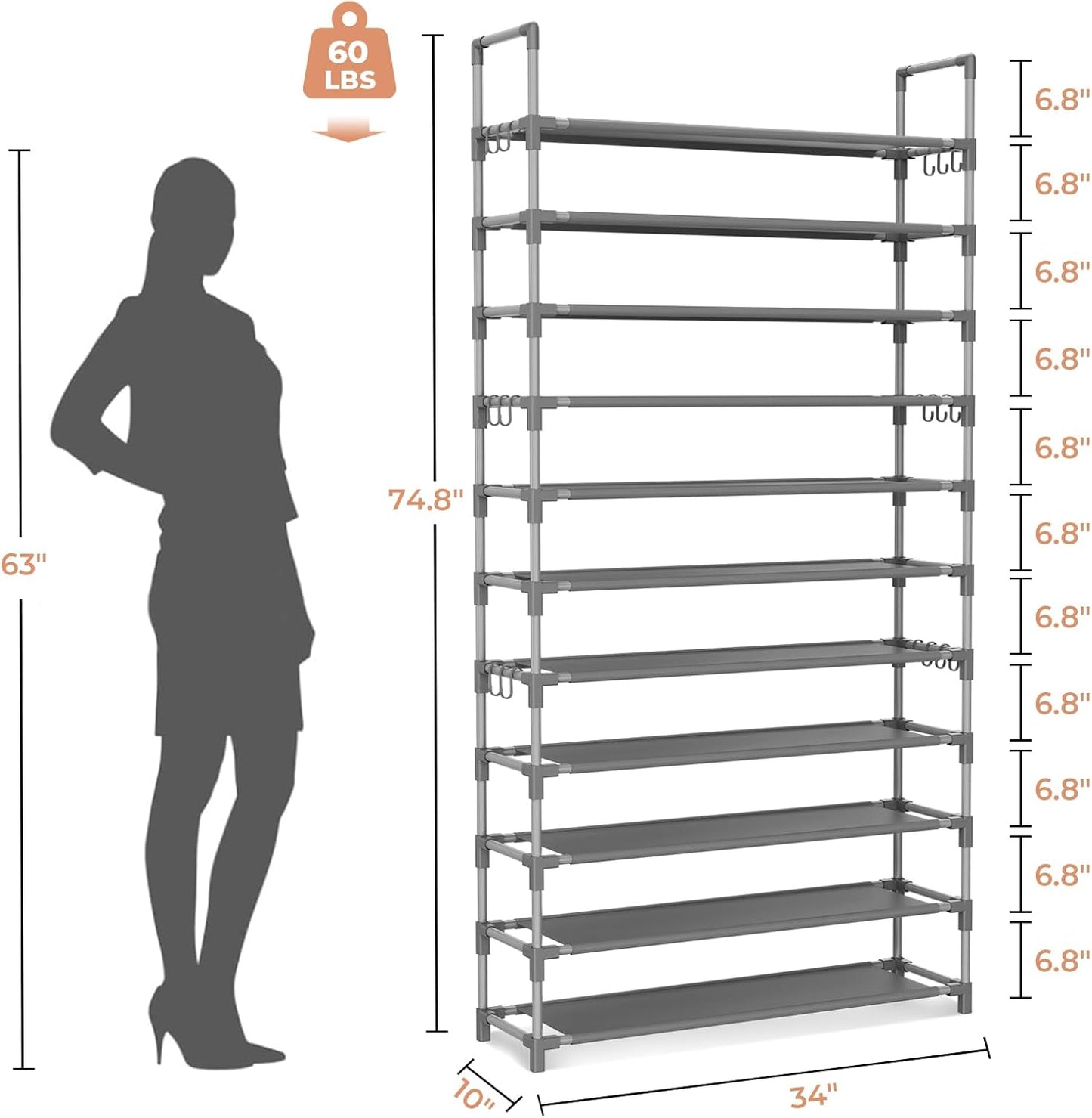 11 Tiers Tall Shoe Rack Holds 55 Pairs of Shoes with 18pcs Hooks Sturdy Wide Shoe Organizer Storage Free Standing Metal Shoe Shelf for Closet, Entryway Grey