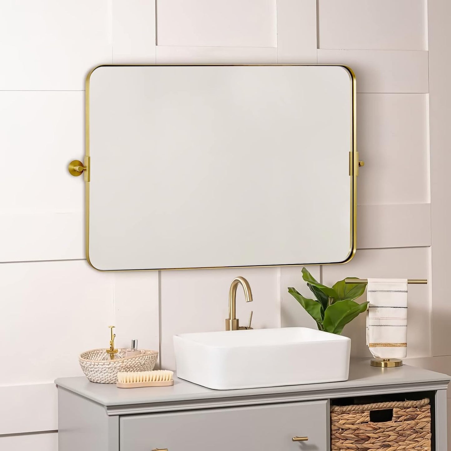 MOON MIRROR 36" x 24" Brushed Gold Rectangle Bathroom Mirror, Tilting Rounded Rectangular Metal Framed Pivot Wall Mirror, Hangs Horizontally Only(Overall 39.75" x 22")