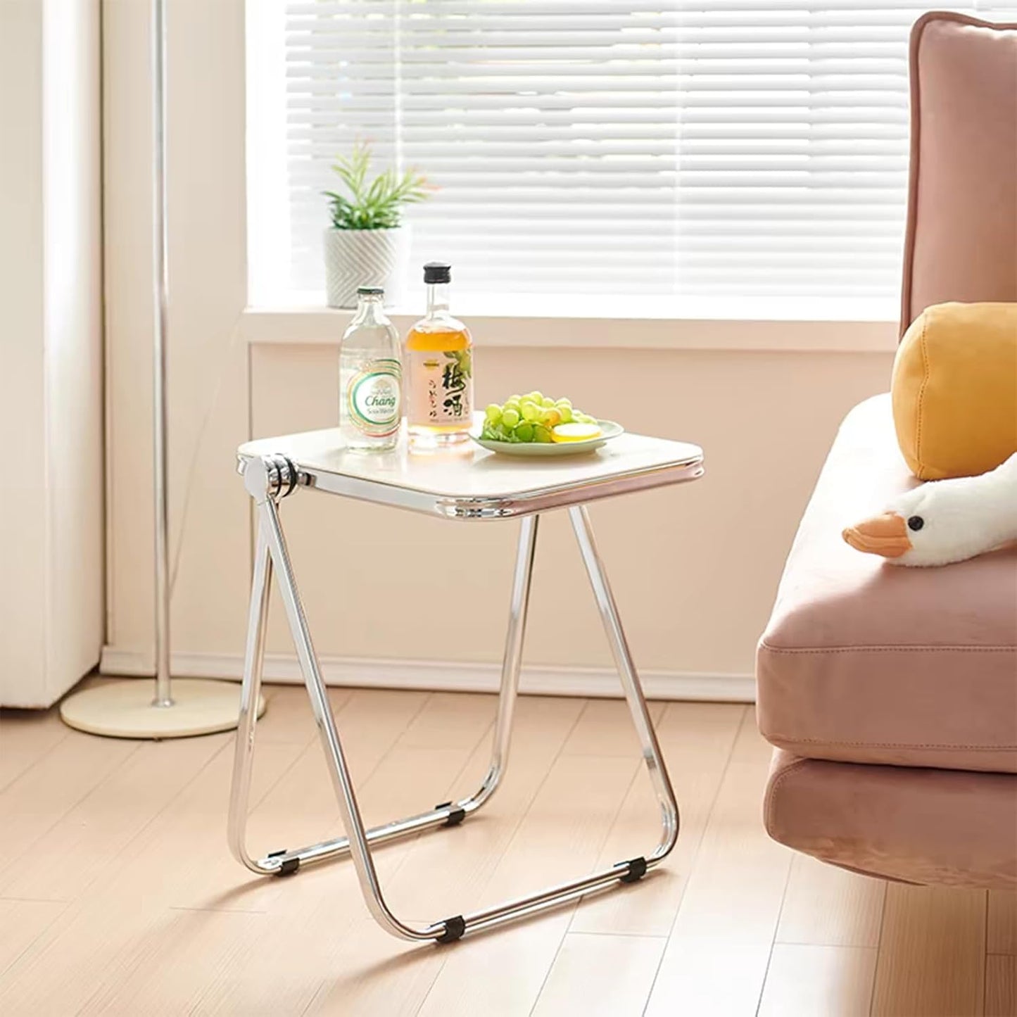 16.2" × 14.1" Acrylic Folding Table, Small Lightweight End Table for Living Room, Bedroom and Small Room, Sturdy Metal Frame with No Assembly Required, Space-Saving Storage Design (White)