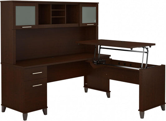 Bush Furniture Somerset 72W 3 Position Sit to Stand L Shaped Desk with Hutch in Mocha Cherry