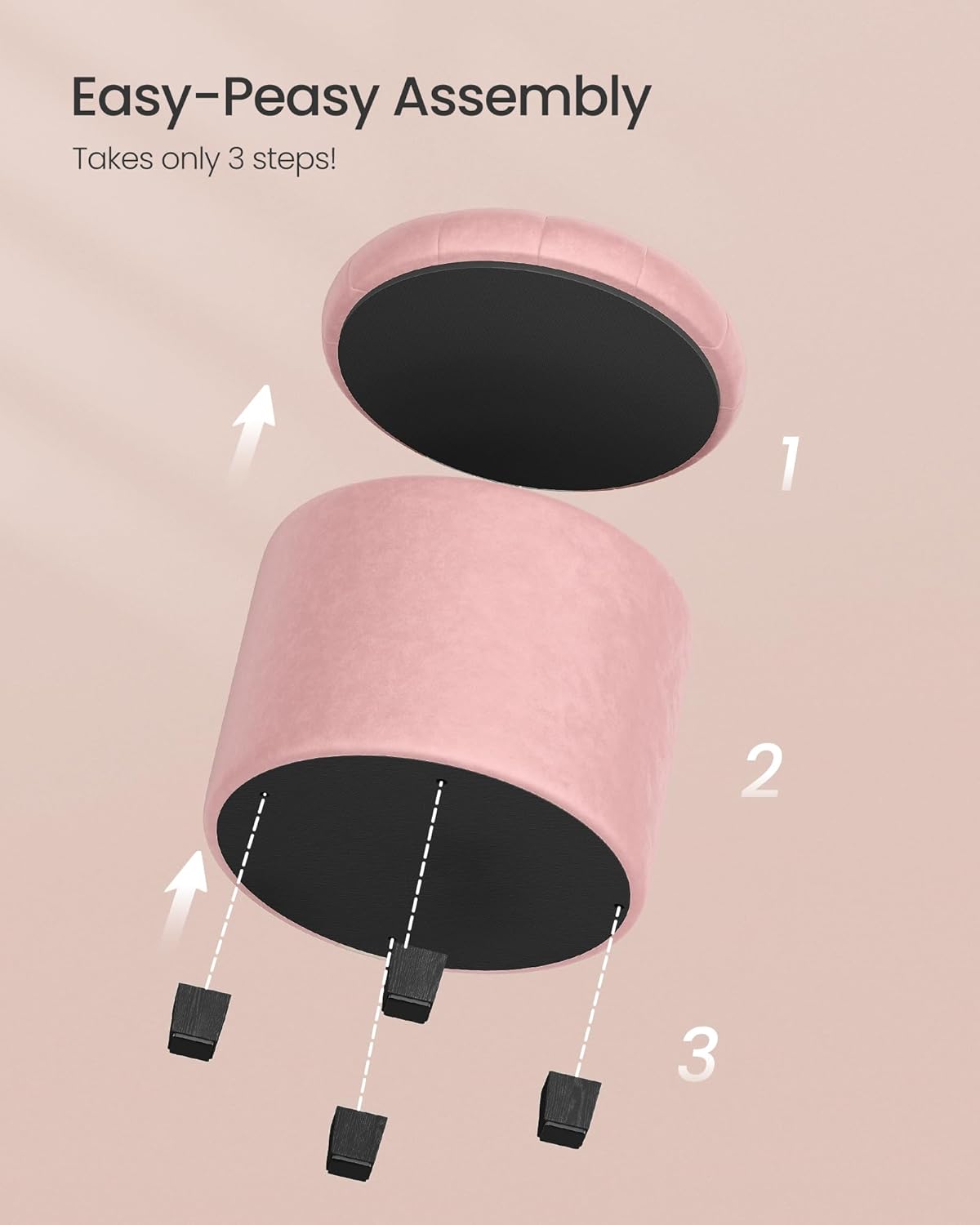 SONGMICS Round Ottoman, Ottoman with Storage, 17.7 x 17.7 x 17.5 Inches, Foot Rest with Legs, Velvet, Load up to 330 lb, for Living Room, Bedroom, Jelly Pink ULOM012R01