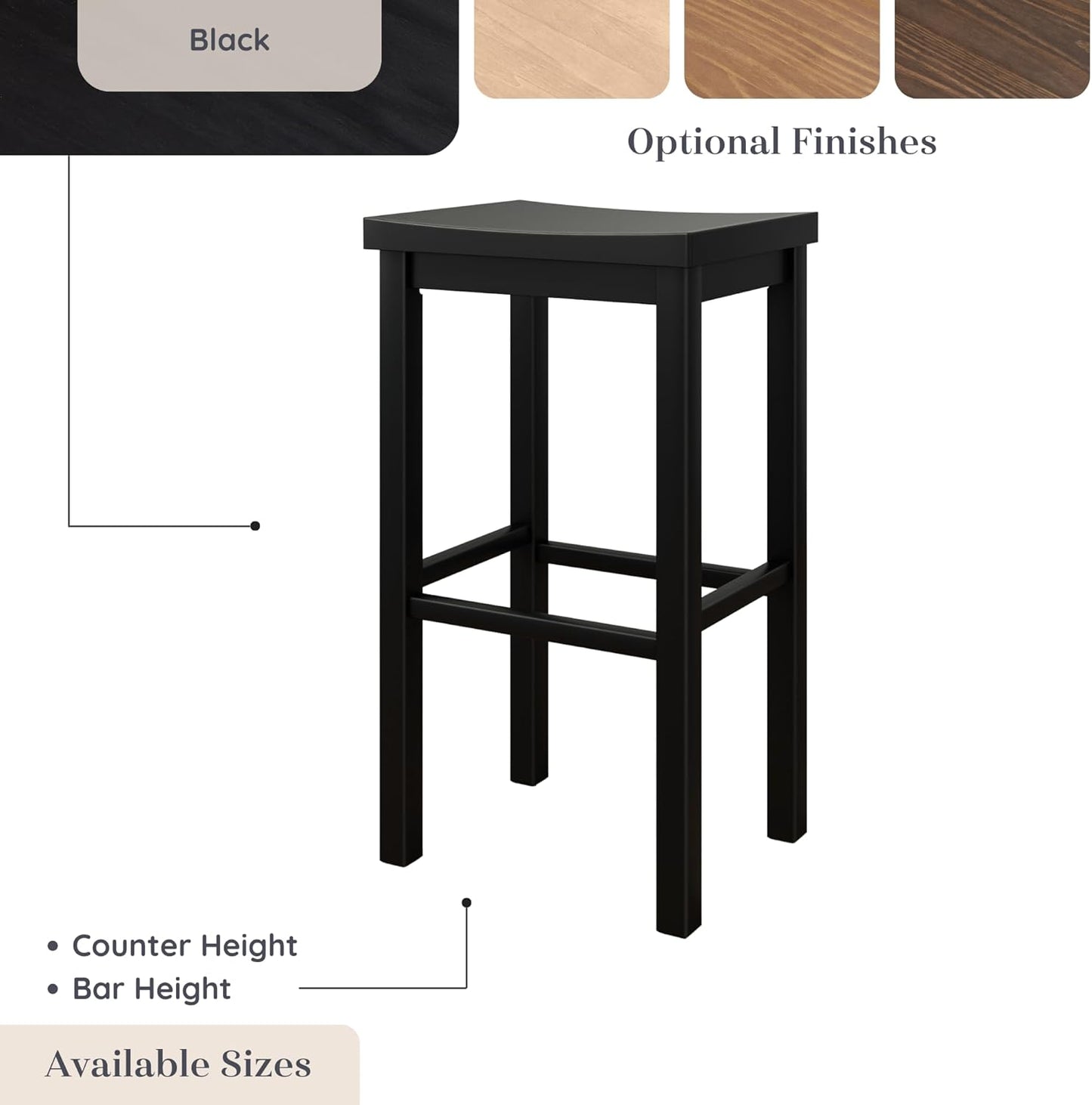 Grain & Grove Smith Collection Solid Wood Bar Stool, 30 inch Saddle-Seat Bar Chair, Backless, Heavy-Duty Construction, Footrest Support, Ideal for Kitchen Islands, Home Bars, and Counters, Black