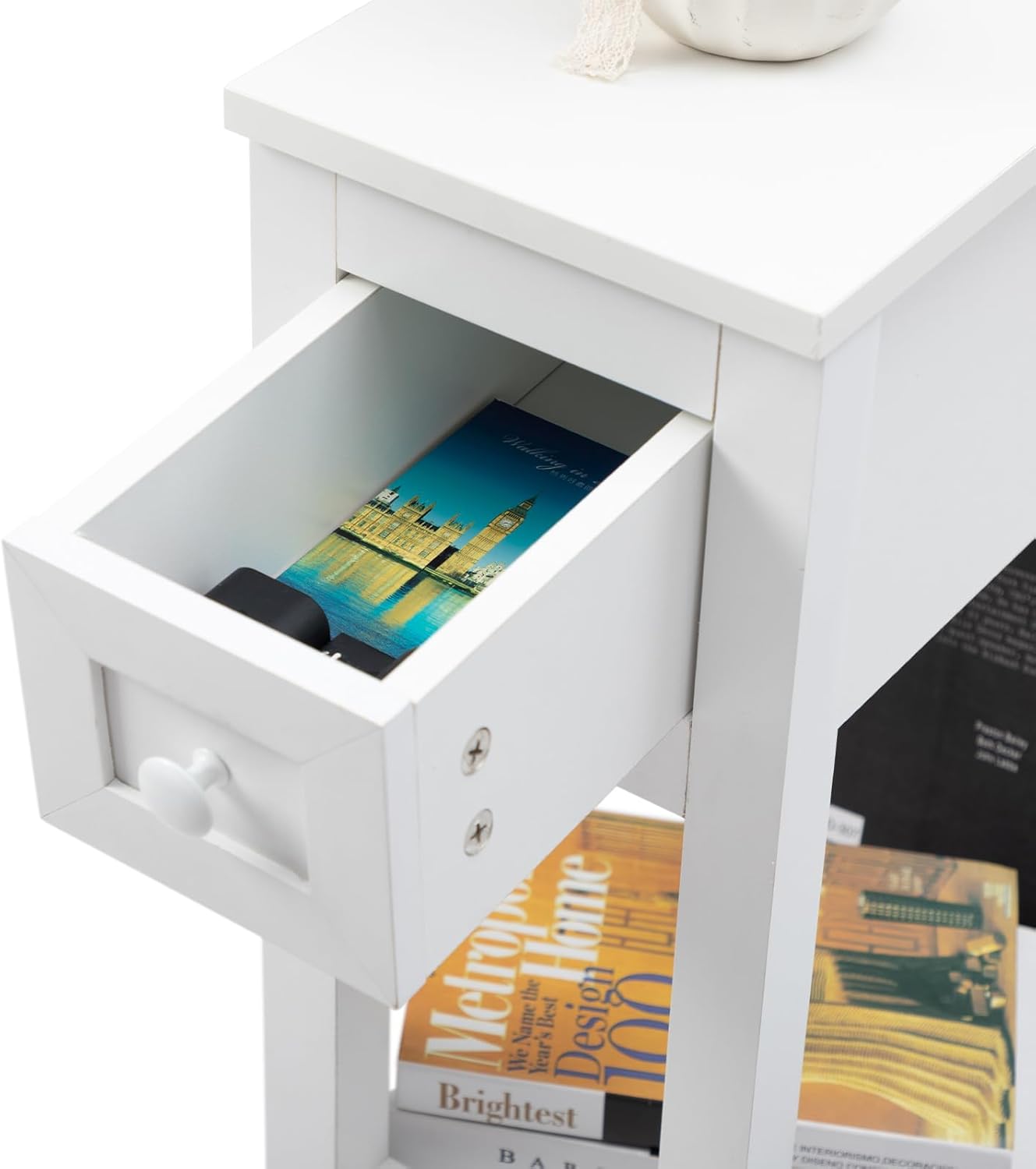 Narrow Side Table for Small Spaces, White Side Table with Drawer, Slim Bed Side Table/Night Stand Set of 2, Couch Side Table