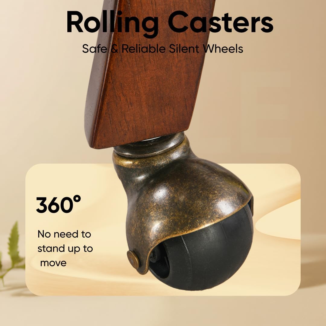 LEEMTORIG Large Dining Chairs with Casters and Arms, Rolling Dining Chairs with Wheels, Solid Wood Office Desk Chairs, 26“Dx25.2 Wx31.5“H, Cherry Legs & Yellowish Brown Fabric SY-1533-LT