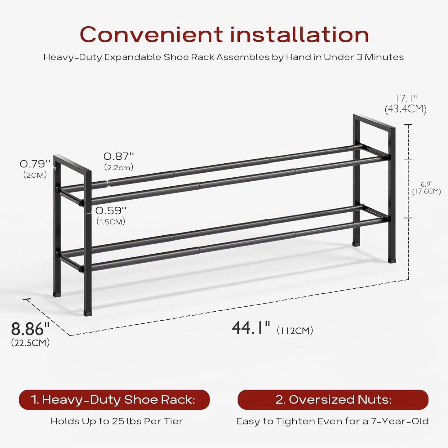 Bumusty 2-Tier Long Expandable Shoe Rack for Closet, 18"-44" Adjustable Shoe Rack for Entryway, 10-12 Pairs Large Shoe Organizer Shelf Storage, Sturdy Metal, Black