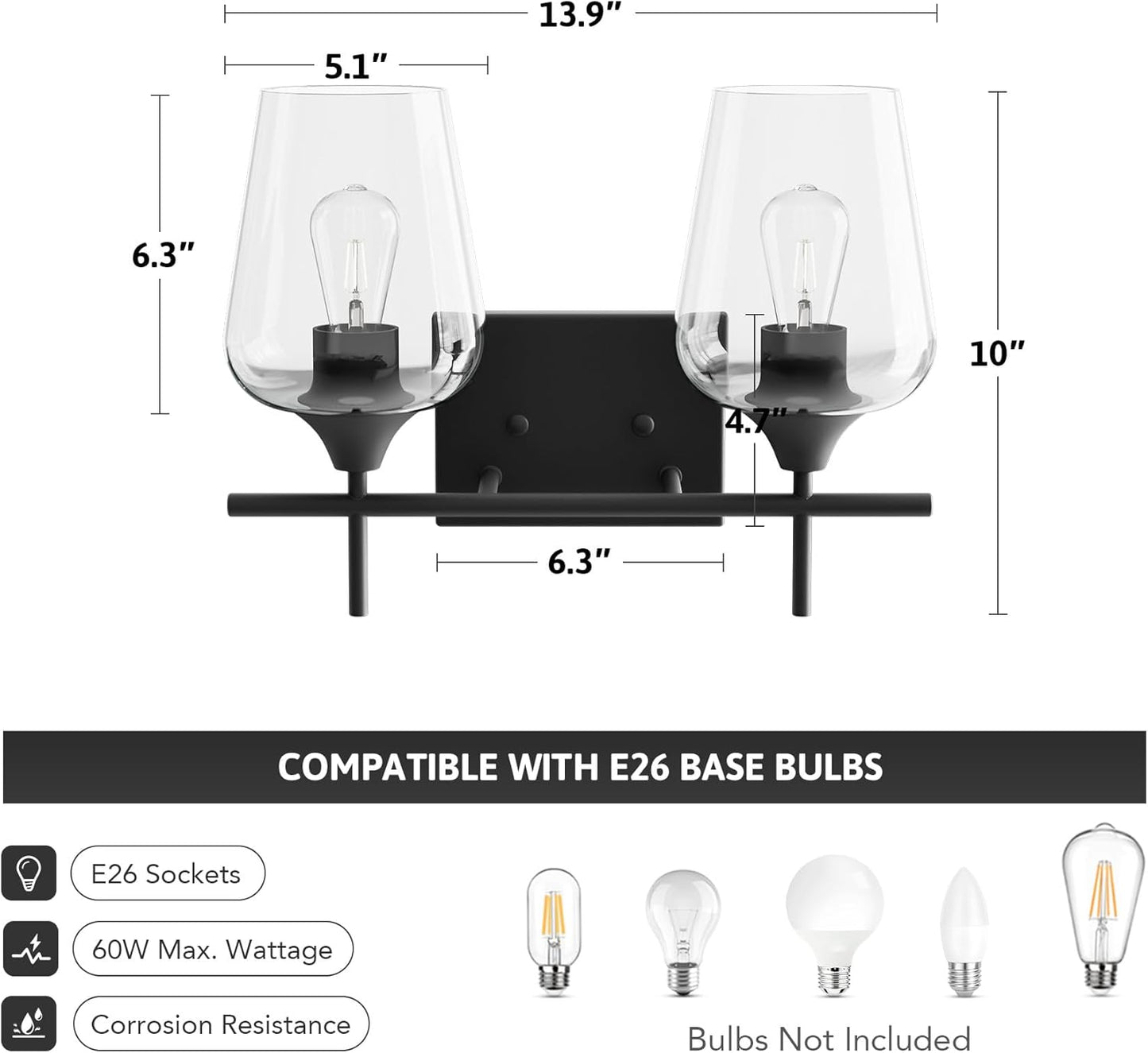 VONLUCE Bathroom Vanity Light, 2 Light Bathroom Light Fixture Over Mirror, Bathroom Wall Lamp with Clear Glass, Modern Black Vanity Lighting fixtures for Bathroom, Bedroom, Hallway