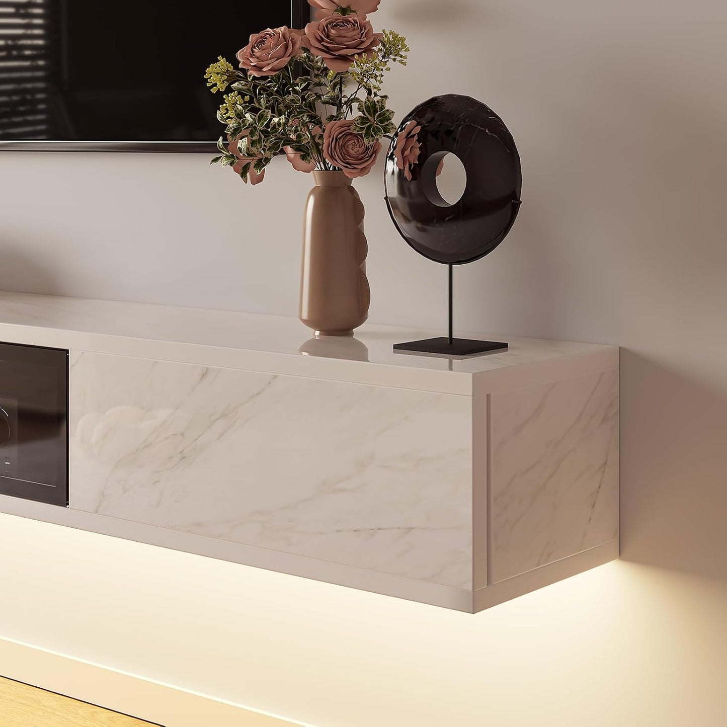 High Gloss Floating TV Stand,94'' Wall Mounted TV Console,Under TV Floating Shelf,Floating TV Cabinet with 3 Doors for Bedroom Living Room,White