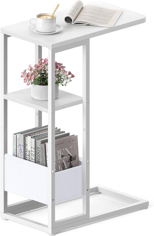C Shaped End Table, Small Side Table for Couch, Recliner, Slide Under Sofa Tray Desk Snack Tables with Storage Bag for Living Room,Bedroom, Small Spaces - White