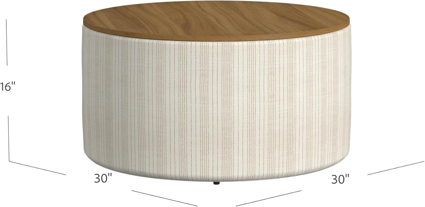 HomePop Modern Fabric Storage Ottoman with Wood Top -Marigold Pinstripe Cream Fabric