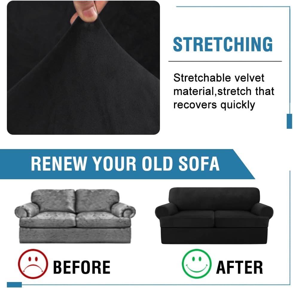 H.VERSAILTEX Sofa Cover 3 Piece T Cushion Loveseat Slipcovers Thick Velvet Couch Cover Furniture Protector Stretch T Cushion Sofa Covers for 2 Cushion Couch with 2 Individual T Cushion Covers, Black