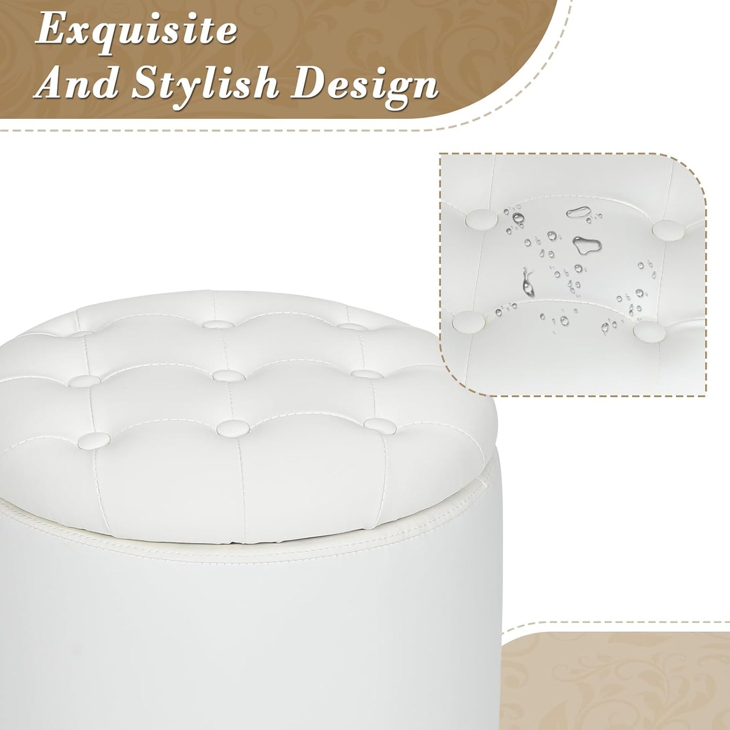 Athena Collection 15 Inch Small Ottoman with Storage, Round PU Leather Storage Ottoman Foot Rest with Removable Lid, Multipurpose Footstool Footrest for Living Room, Bedroom, Dorm, White