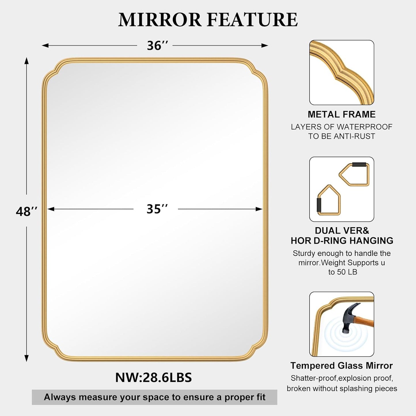36 x 48 Inch Gold Bathroom Vanity Mirror for Wall with Non-Rusting Metal Frame Large Rounded Rectangle Mirror for Over Sink (Horizontal/Vertical)