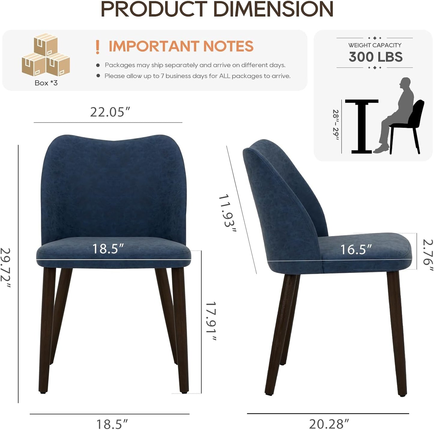 COLAMY Upholstered Dining Chairs Set of 6, Modern PU Leather Dining Room Kitchen Side Chair with Padded Seat and Wood Legs Restaurant/Cafe, Blue