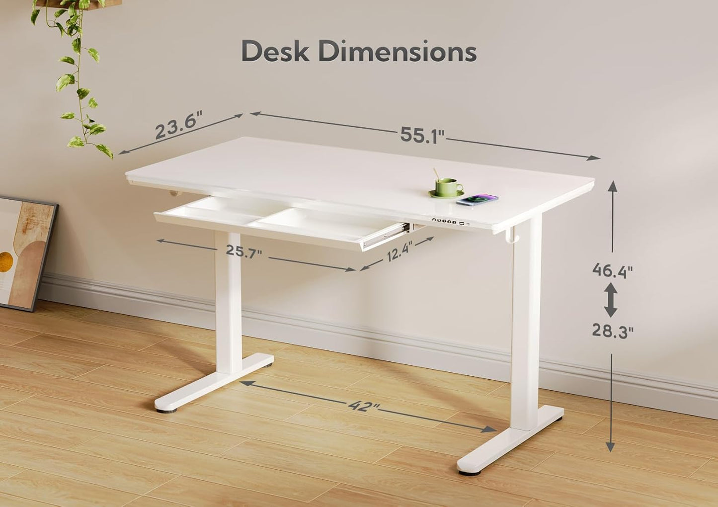 INNOVAR Wireless Charging Glass Standing Desk with Drawers, Adjustable Height Stand Up Desk, Electric Standing Desk with Storage, 55 inch, Super White