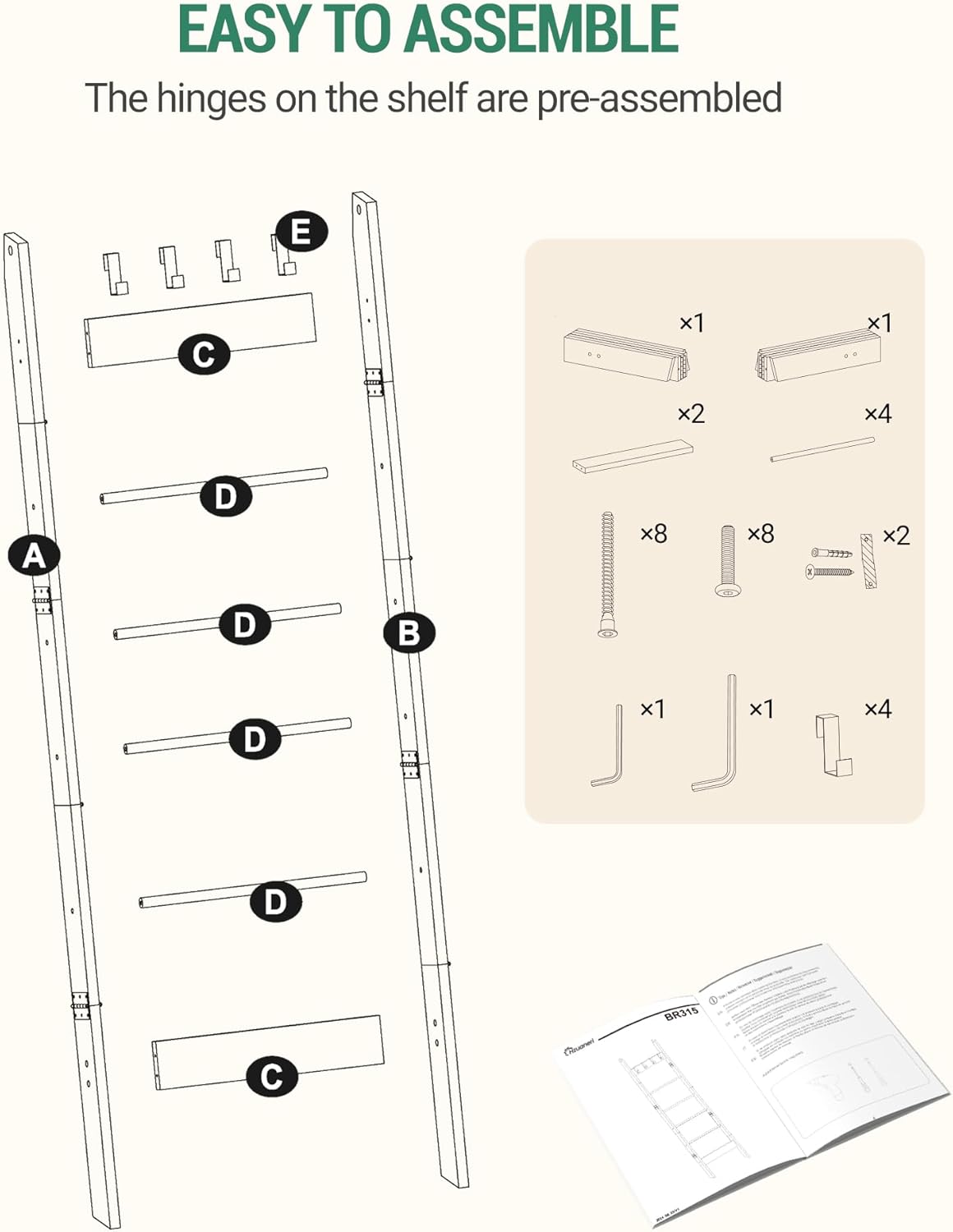 Blanket Ladder for Living Room, Decorative Quilt Rack with 4 Removable Hooks, 6-Tier Farmhouse Ladder Holder Shelf Organizer for Bedroom, Black Tea Brown and Black BR31520B