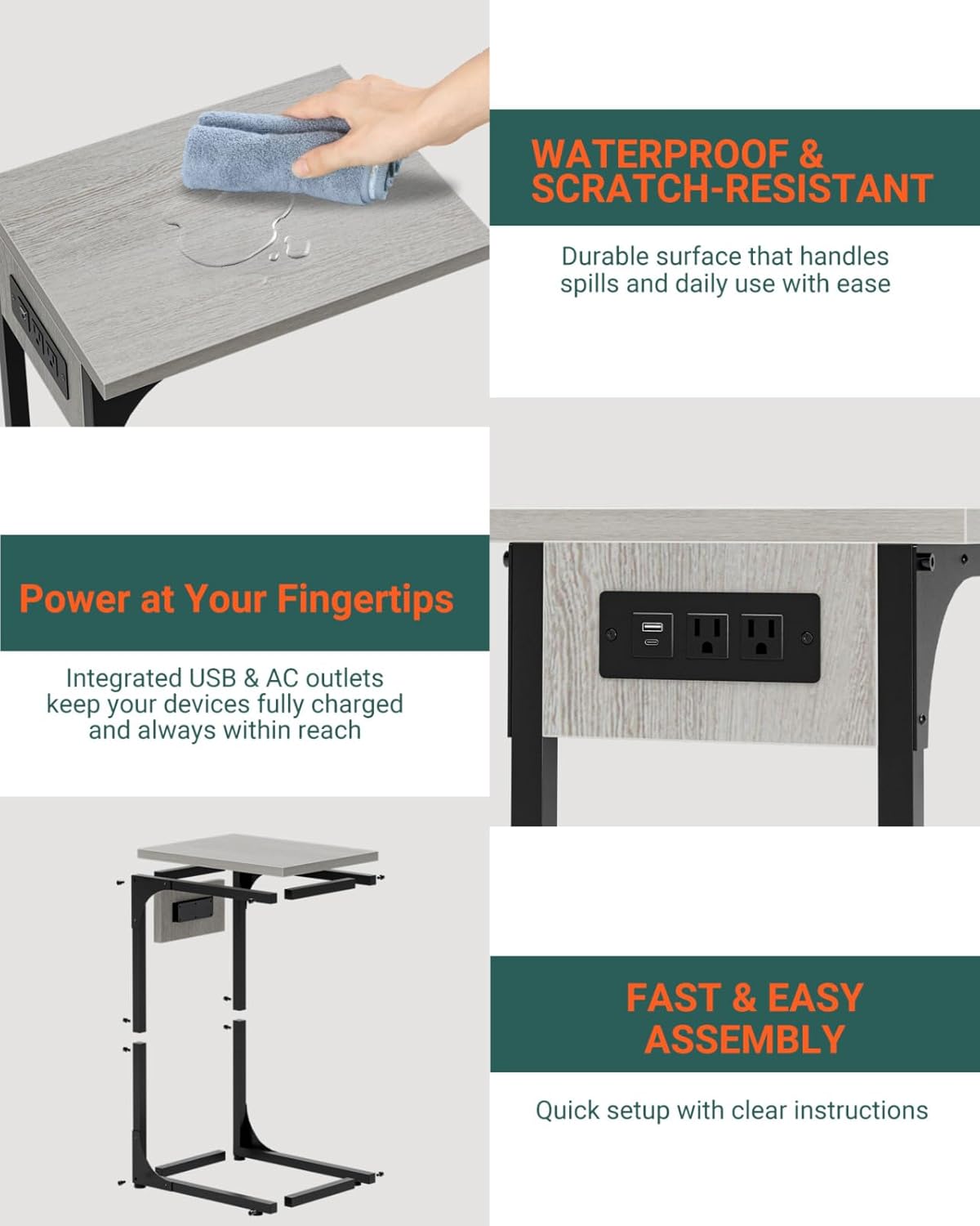 C-Shaped Side Table for Couch - Small Coffee Stand Sofa Tray Desk with Metal Frame Waterproof Scratch Resistant Wood Top and Built-in Charging Station, Greige