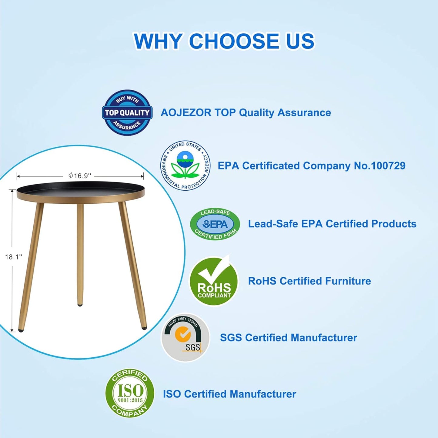 AOJEZOR Side Table: End Table for Any Room - Round Side Tables for Small Spaces - Black Top with 3 Gold Legged